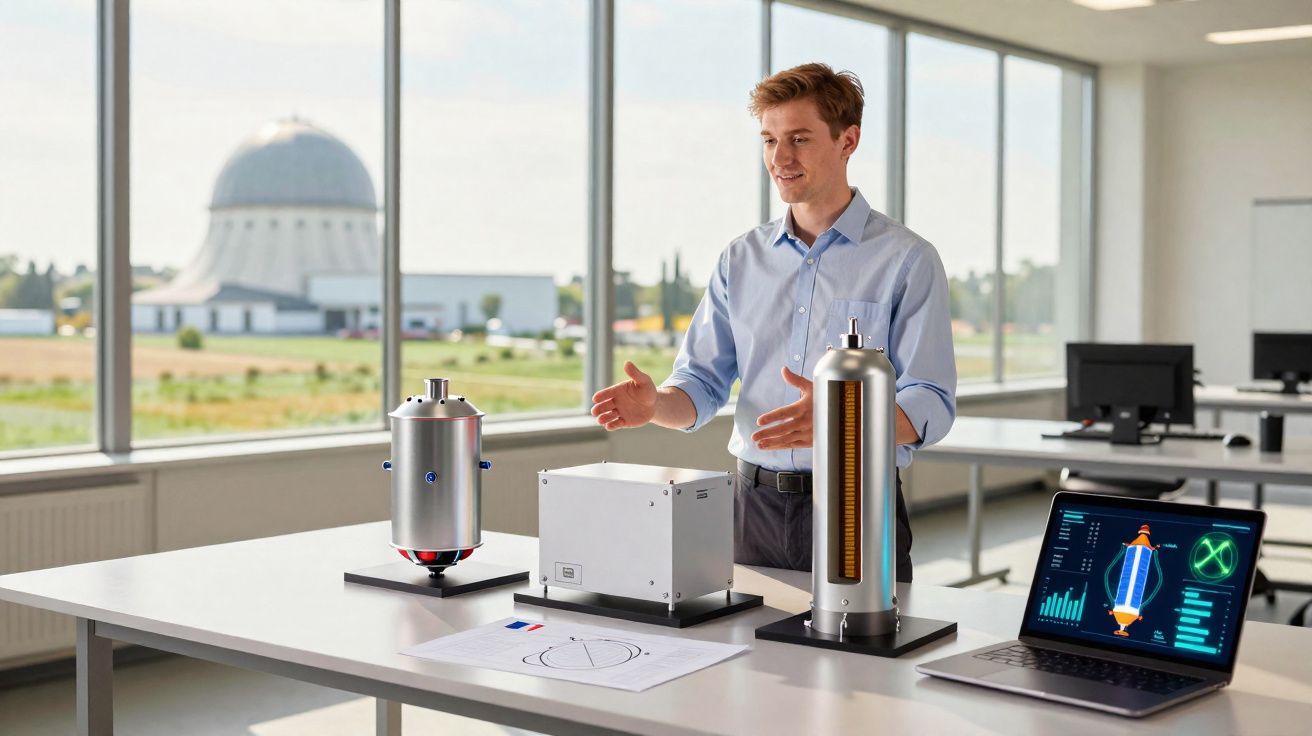 Young male scientist presenting nuclear fusion device models with reactor graphics on laptop in bright lab