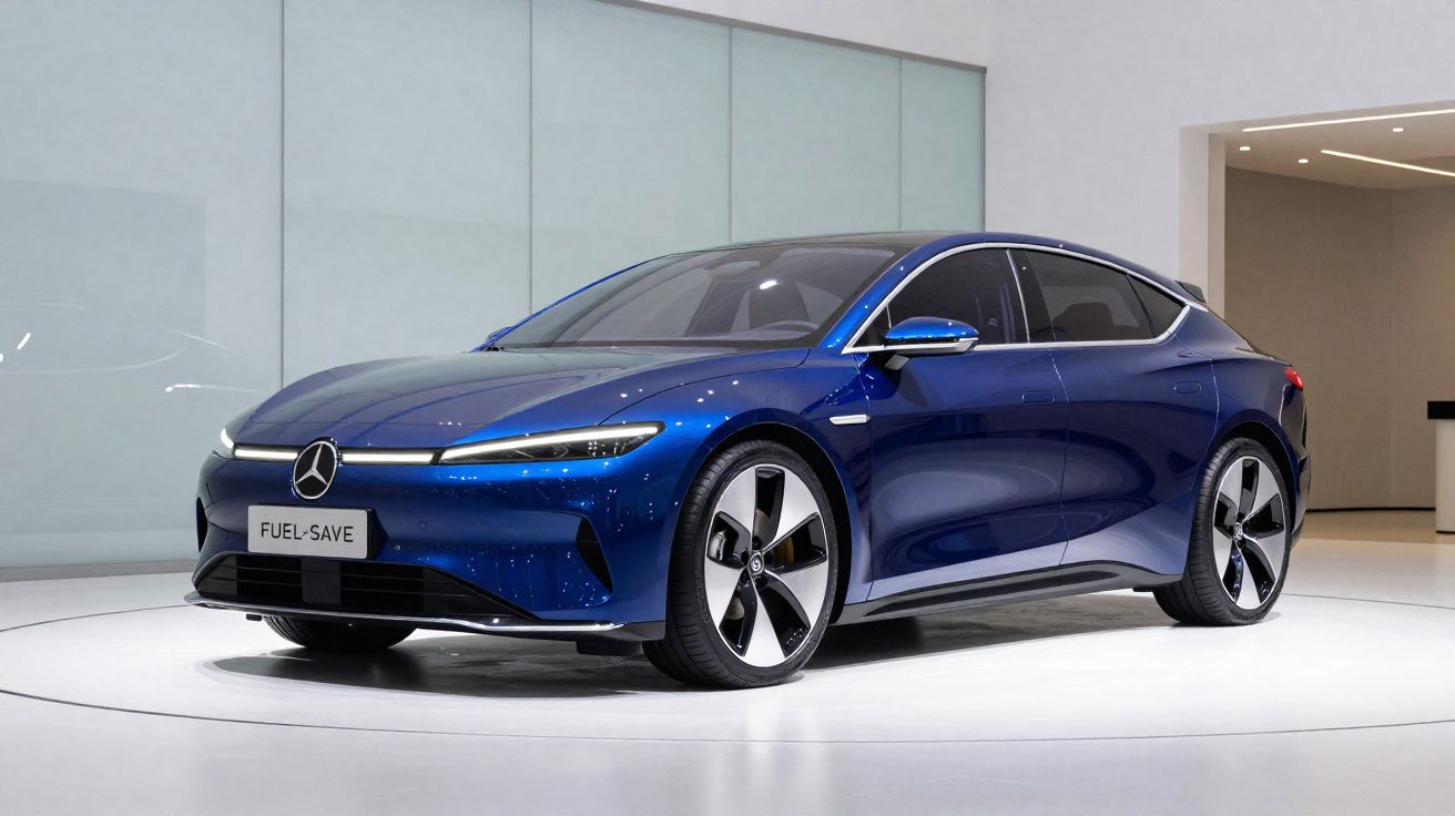 Sleek blue Mercedes-Benz electric car displayed in a modern showroom with polished floors and white walls.
