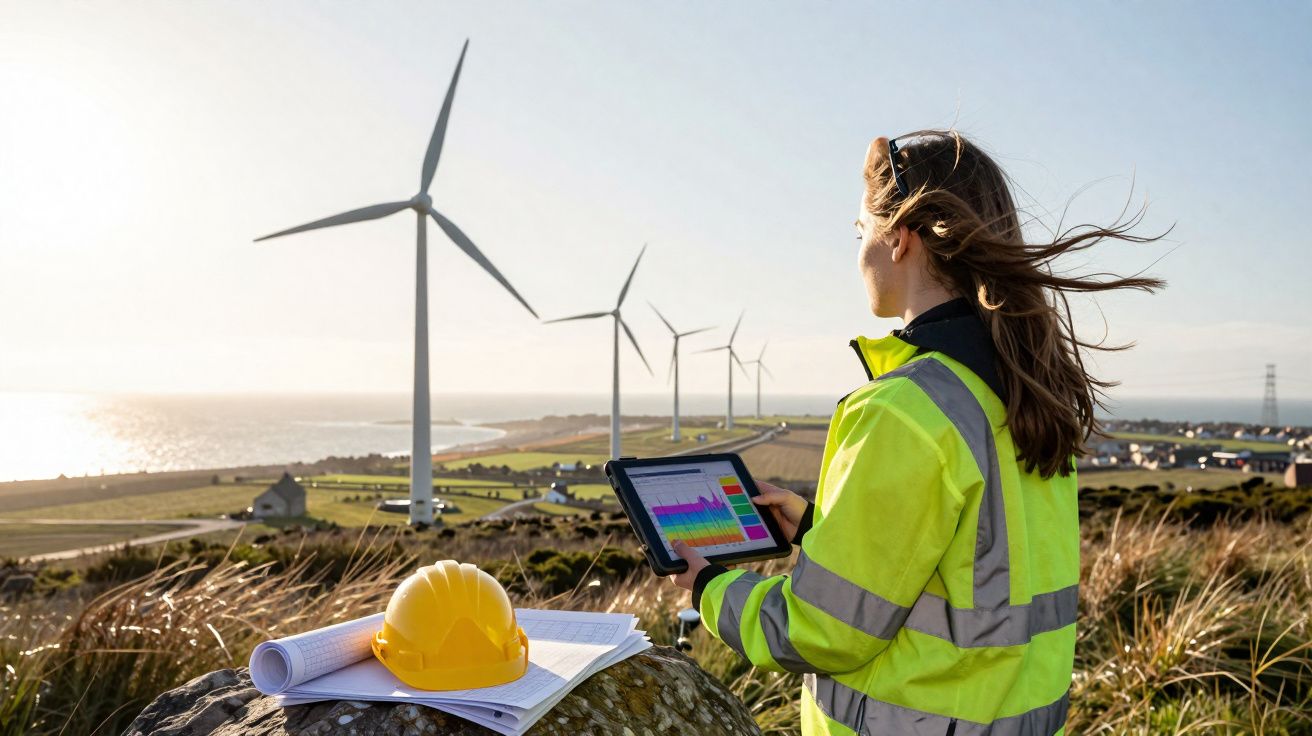 Engineer in high-visibility jacket checking data on a tablet at a coastal wind farm with turbines at sunset.