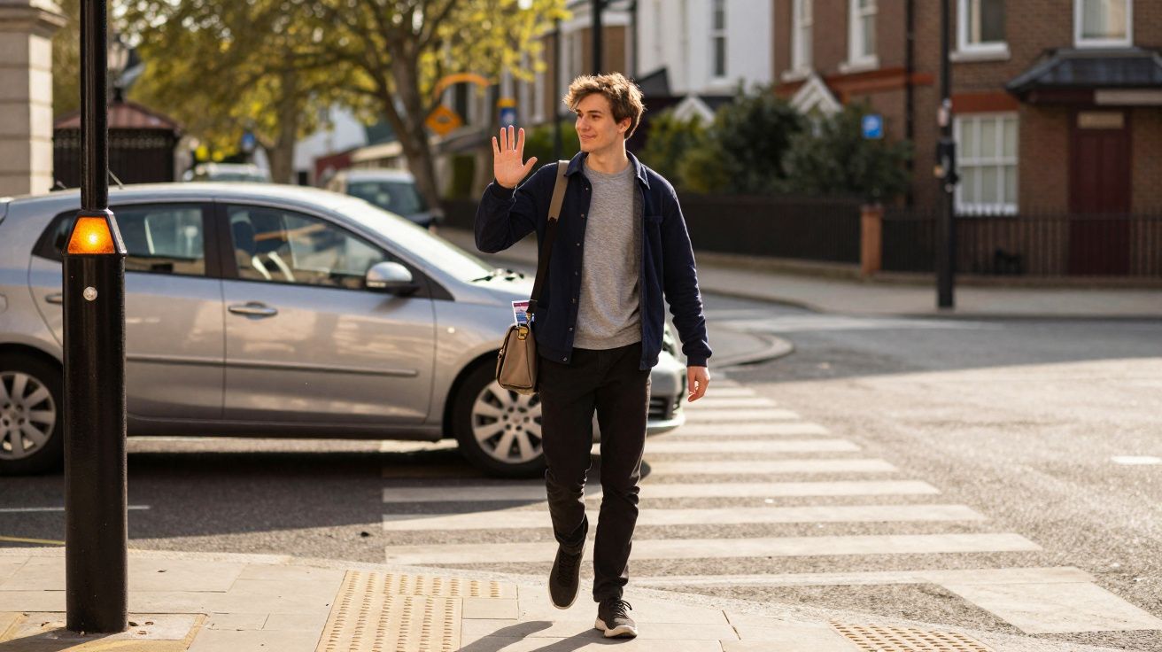 Young man with backpack waving while crossing a city street at a pedestrian crossing on a sunny day.