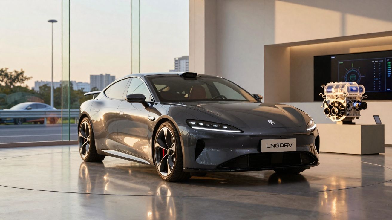 Grey sleek electric sports car displayed indoors with polished floor and engine model on a pedestal nearby.