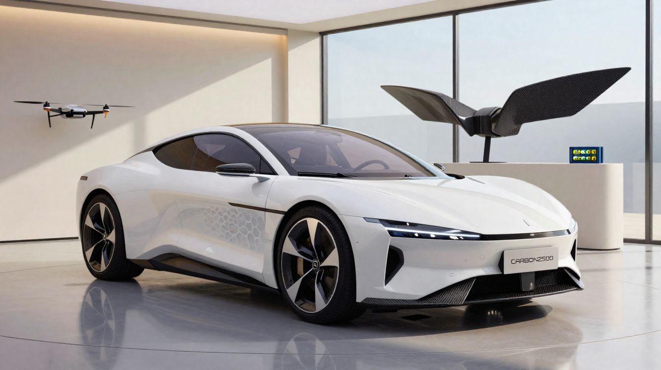 Sleek white futuristic sports car displayed indoors near a drone and modern sculpture by large windows.