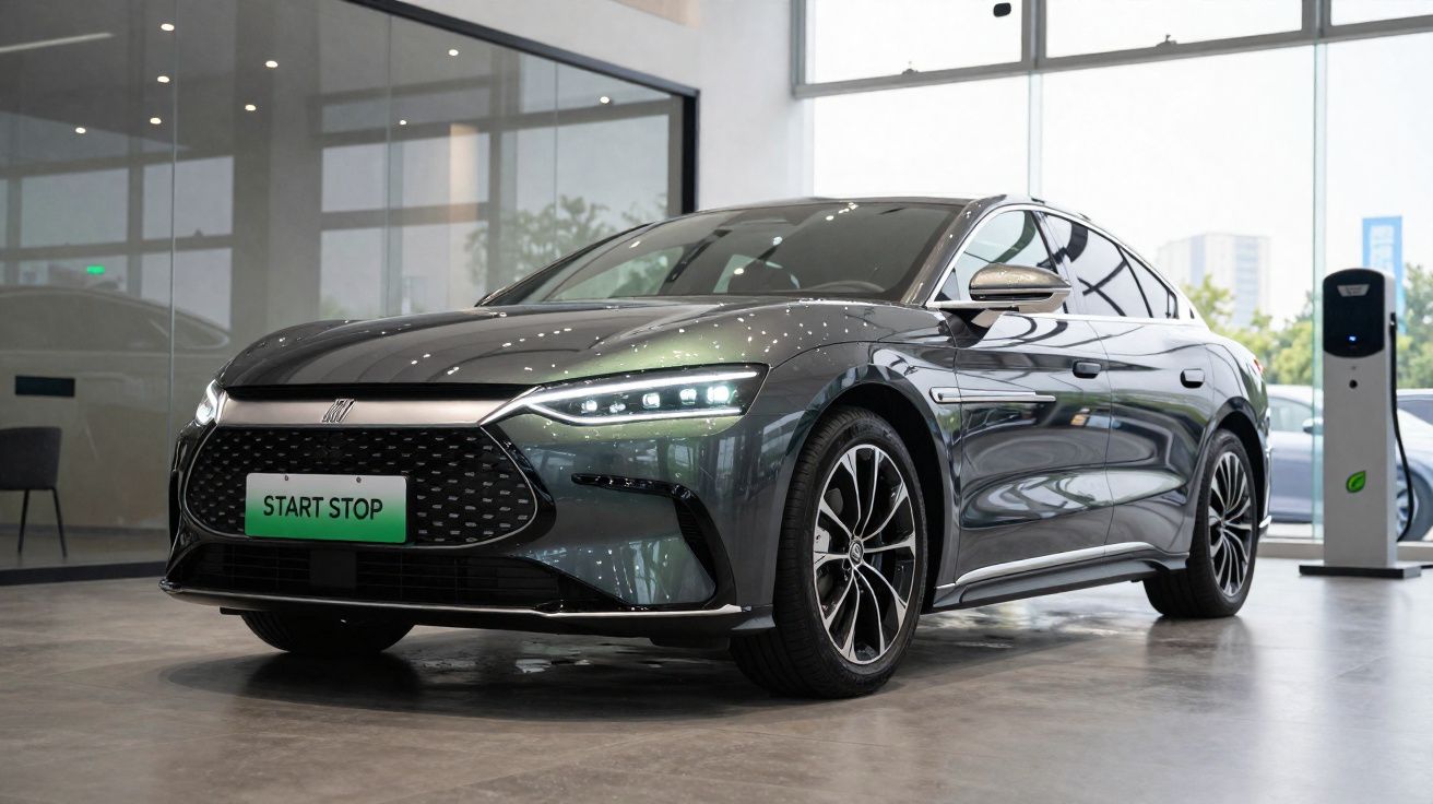 Sleek black electric car with LED headlights displayed inside a modern showroom near a charging station.