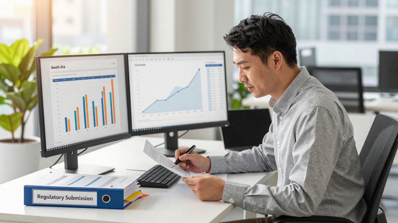 Man analysing documents at desk with dual monitors showing business charts in modern office environment.