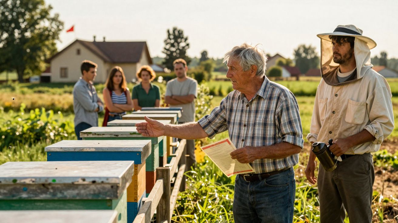 Older man explaining beekeeping to a group near colorful beehives in a sunny rural garden setting.