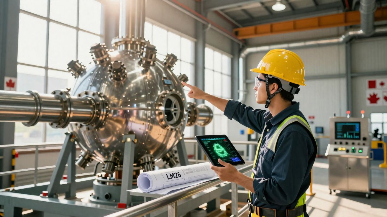Engineer in safety gear using tablet and pointing at large industrial machinery in a bright factory setting.