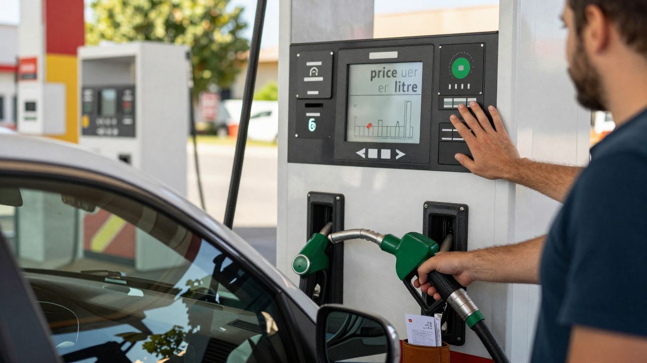 Man refuelling car with petrol at fuel station while checking fuel pump display.