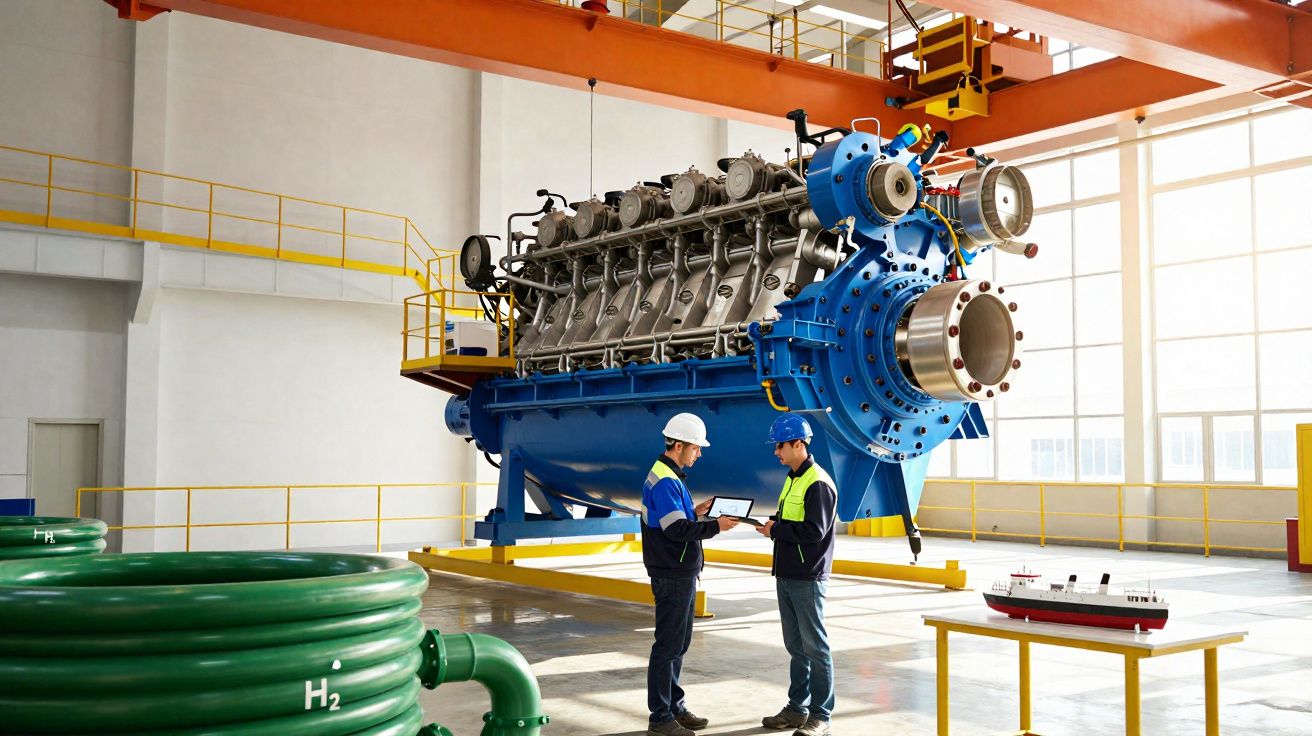 Two engineers in a factory inspecting a large blue industrial engine with hydrogen storage coils nearby.