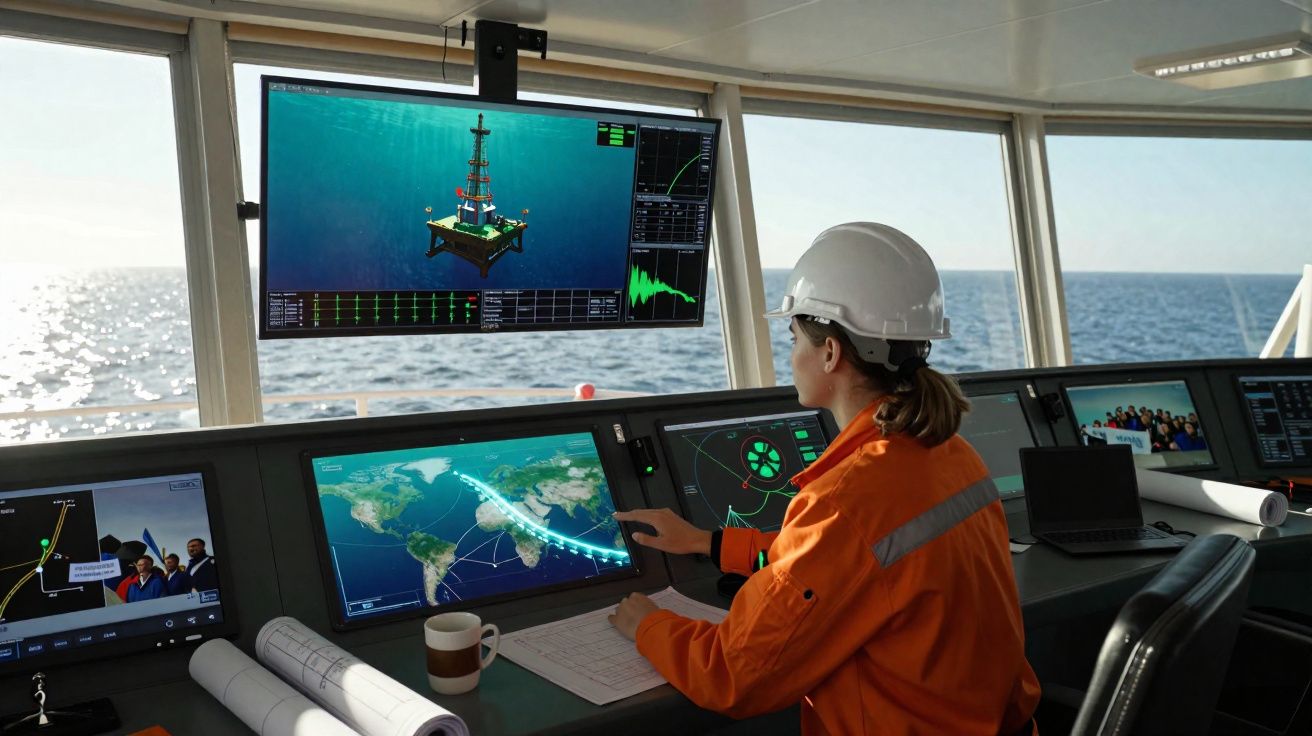 Woman in hard hat and orange jacket monitoring ocean data and maps on screens inside a ship's control room.