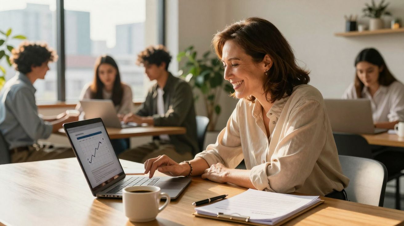Woman smiling while working on laptop with graph on screen in a bright office with colleagues in background