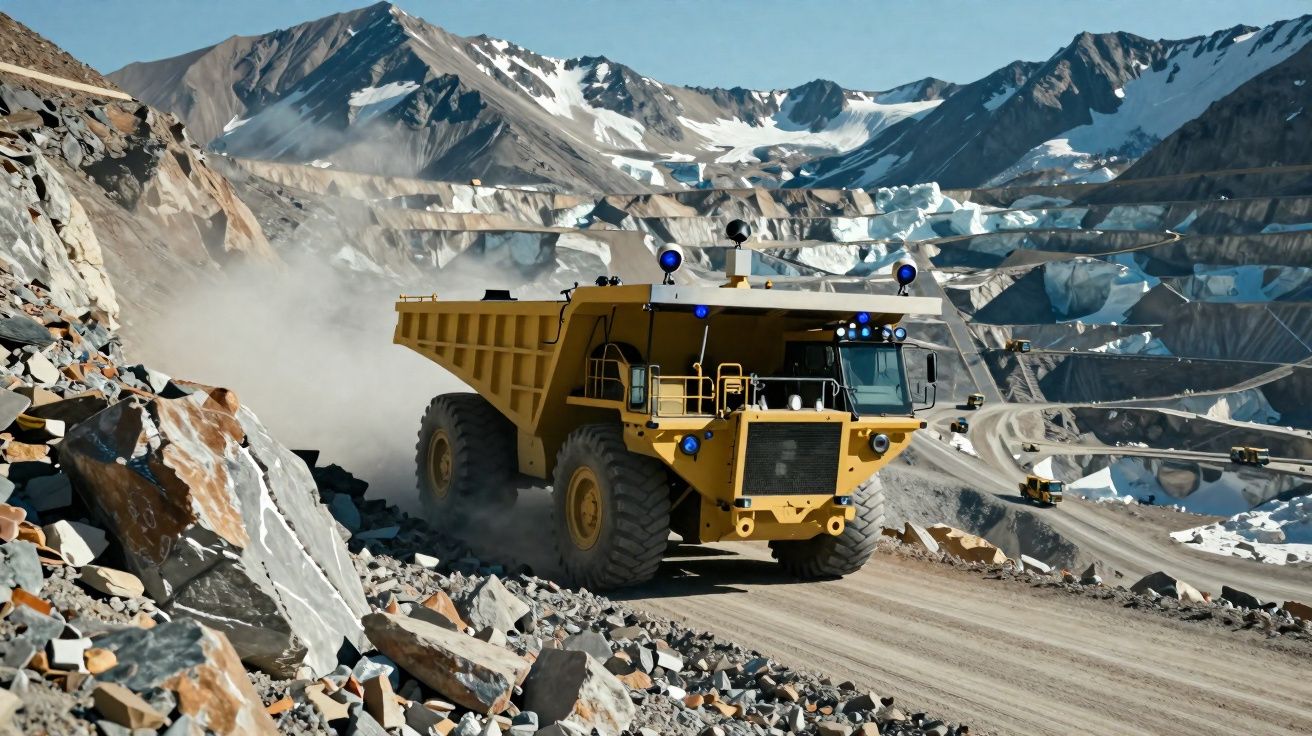 Large yellow mining dump truck driving on a rocky mountain road with snow-capped peaks in the background