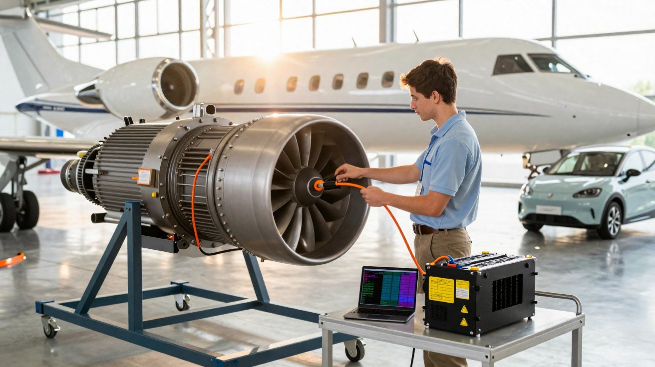 Technician testing a large aircraft engine in a hangar with a private jet and electric car in the background.