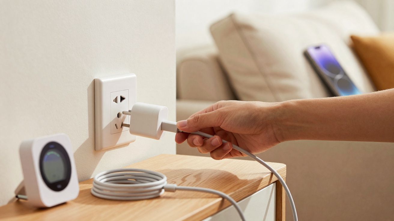Hand plugging a white charger into a wall socket above a wooden cabinet with a digital thermostat nearby.