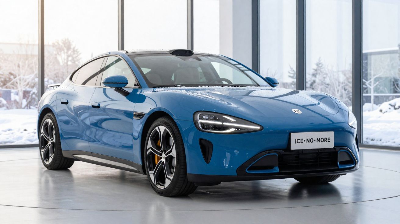 Blue electric sports car with sleek design displayed indoors against snowy windows background