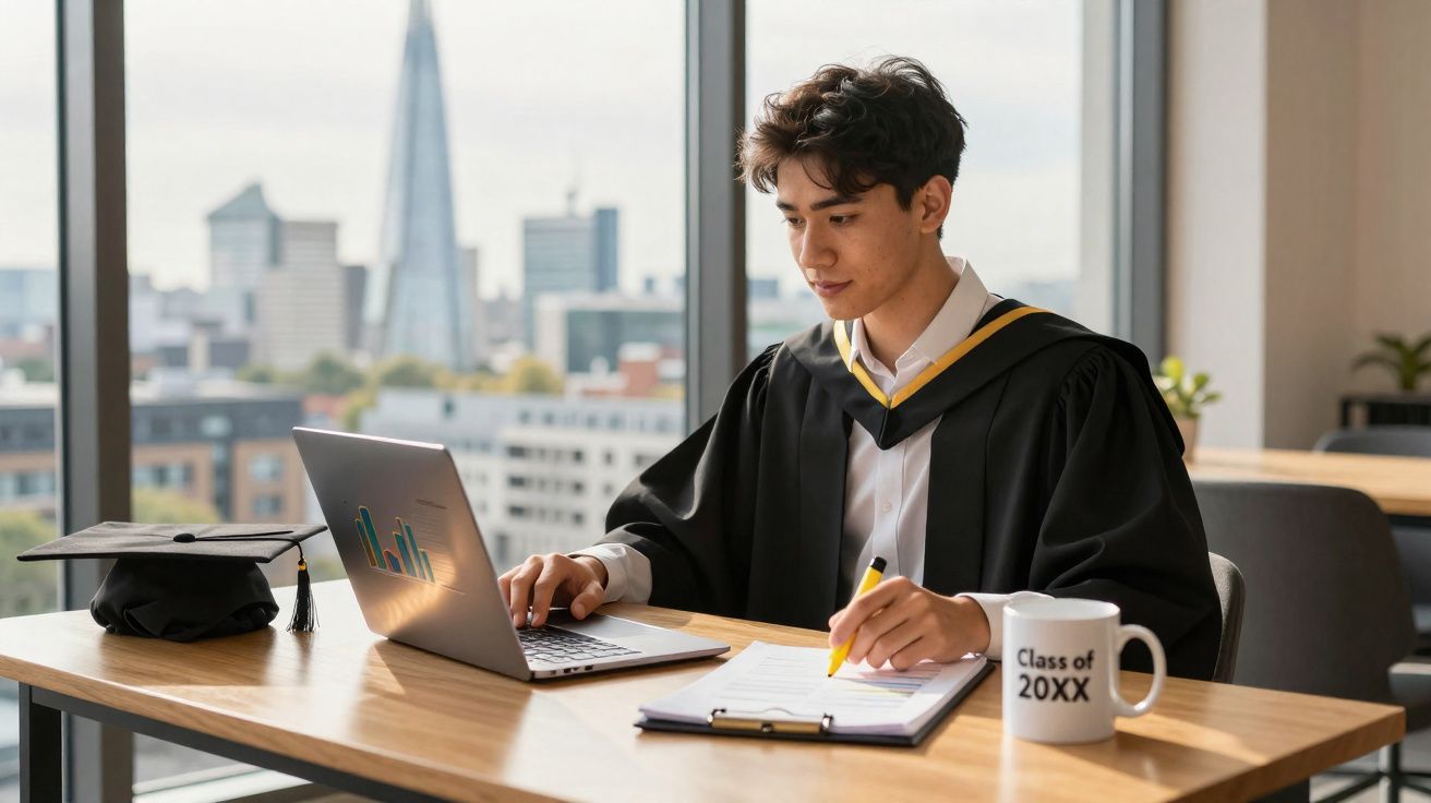 Graduation student in gown studying on laptop with notes and Class of 20XX mug in modern city office.