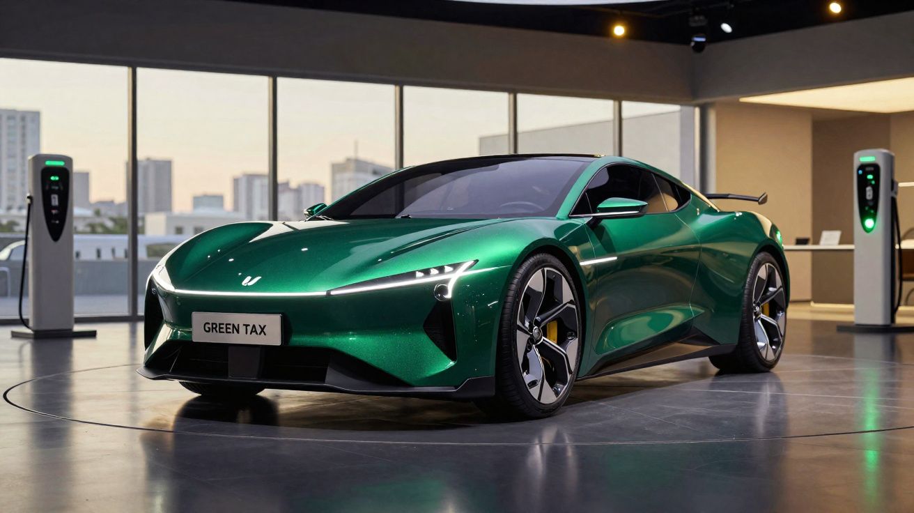 Sleek green electric sports car on display in a showroom with charging stations in the background.