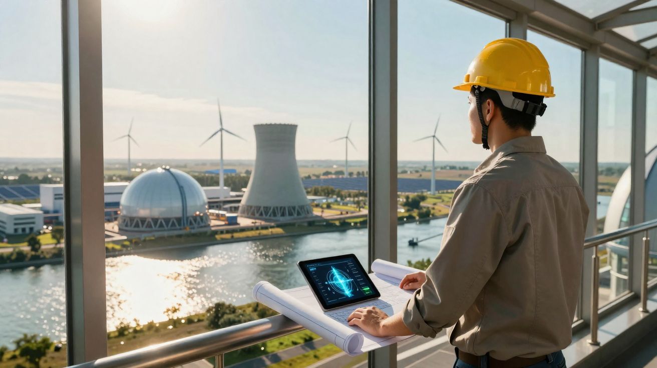 Engineer wearing a yellow hard hat reviews blueprints and tablet overlooking a sustainable energy plant through large windows