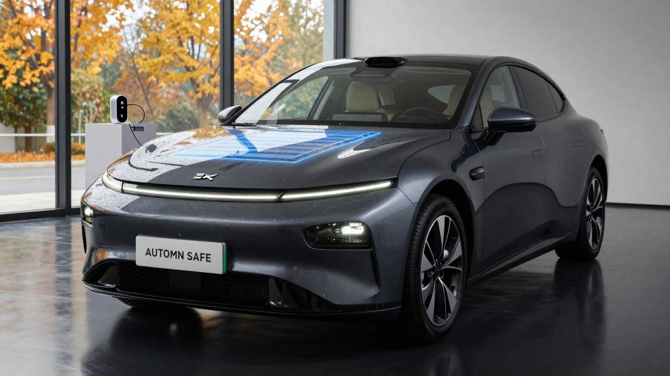 Sleek dark grey AUTOMN SAFE electric car displayed indoors with autumn trees visible outside through large windows.