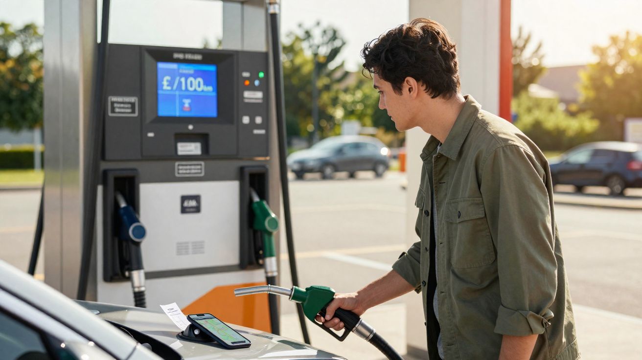 Man in green shirt refuelling car at petrol station with smartphone on car bonnet showing a map.