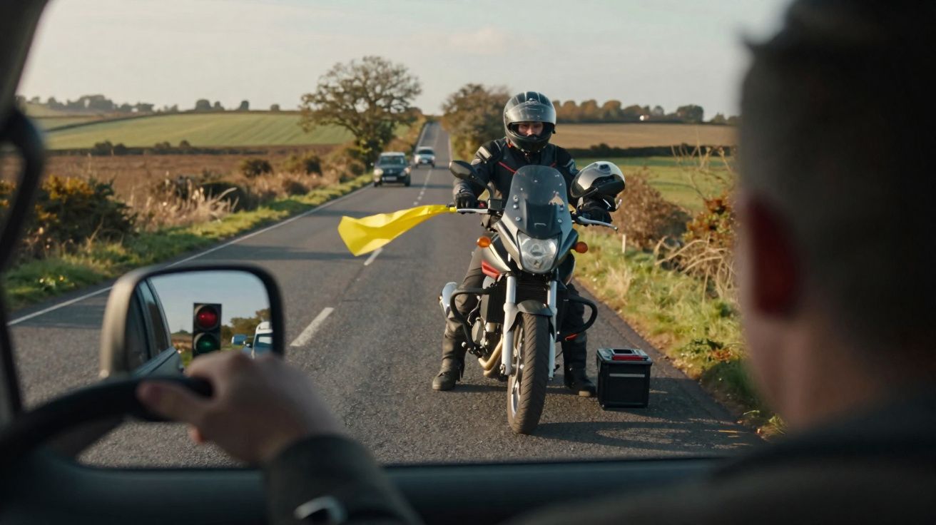Motorcyclist holding a yellow flag blocking a narrow countryside road, viewed from inside a vehicle.