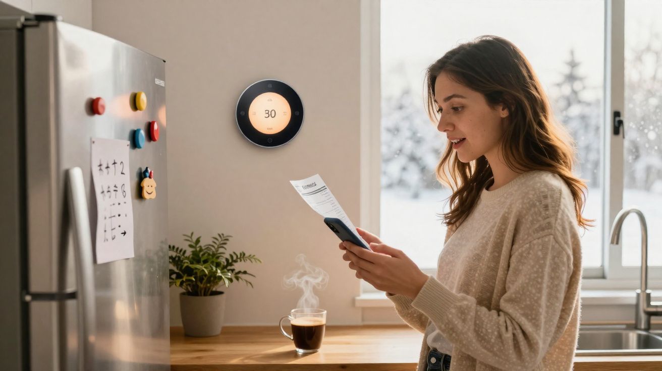 Woman in a cosy kitchen checking her phone and a bill, with a steaming cup of coffee and a smart thermostat on the wall.