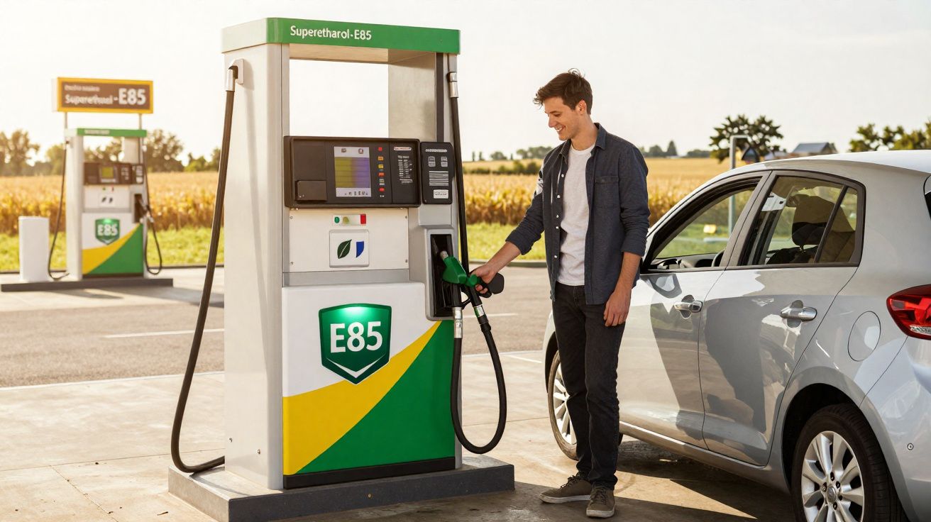 Man refuelling a silver car at an E85 biofuel pump at a petrol station on a sunny day.