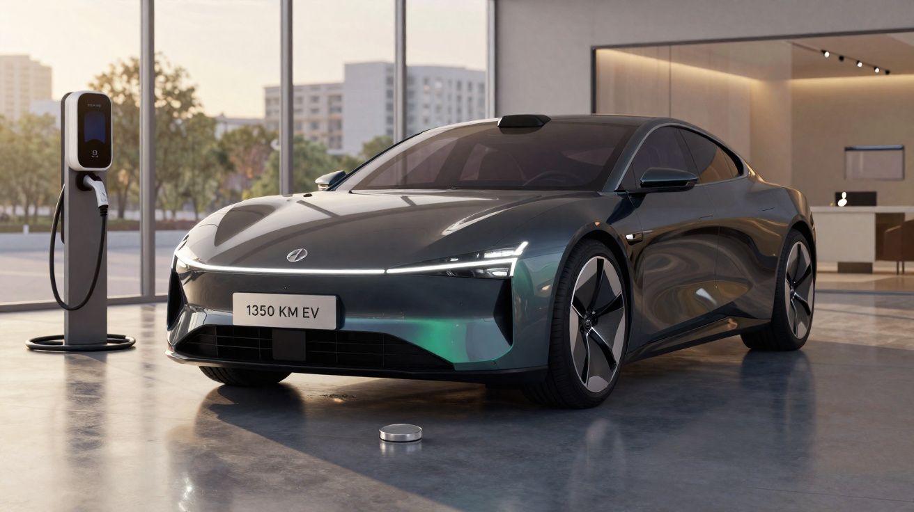 Sleek dark grey electric sports car parked indoors next to a charging station with city buildings outside.