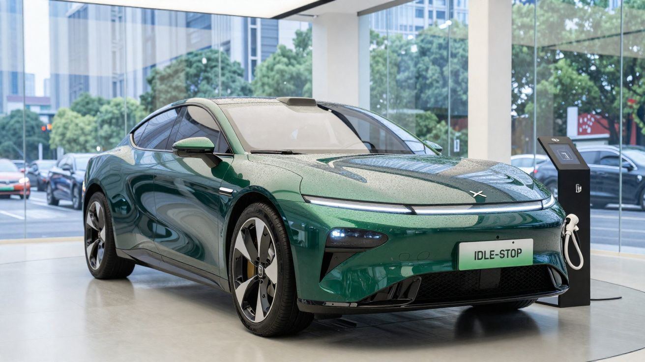 Green electric car parked inside showroom near charging station with cityscape visible through glass walls