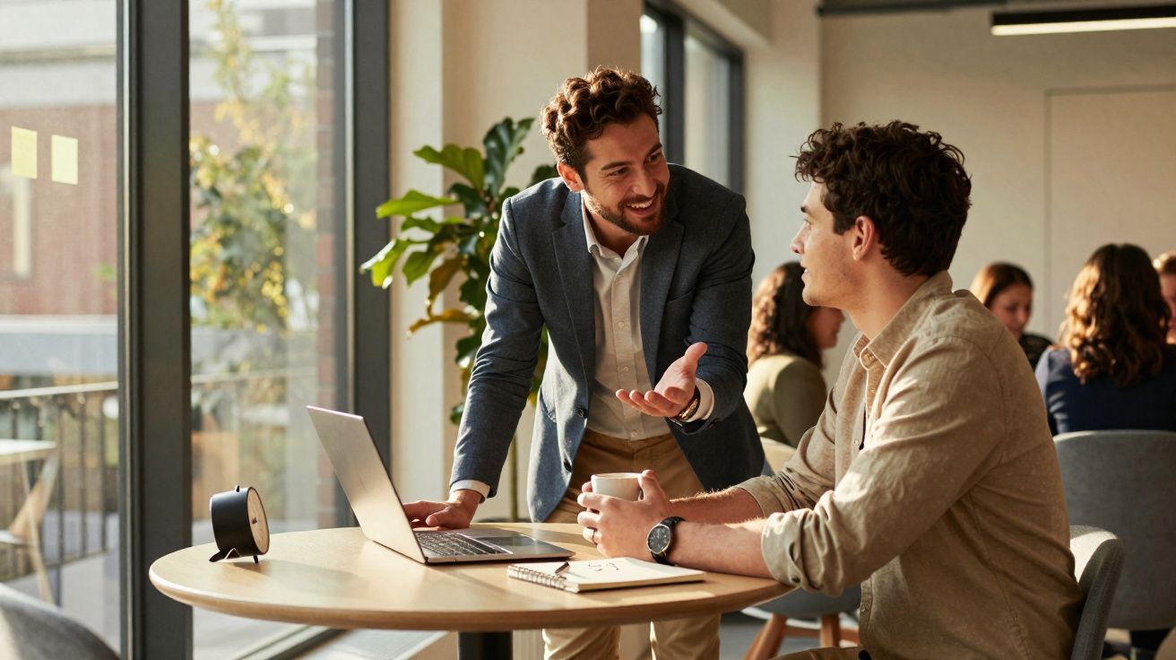Two men in a modern office discussing work with a laptop and notebook on a round table by a window.