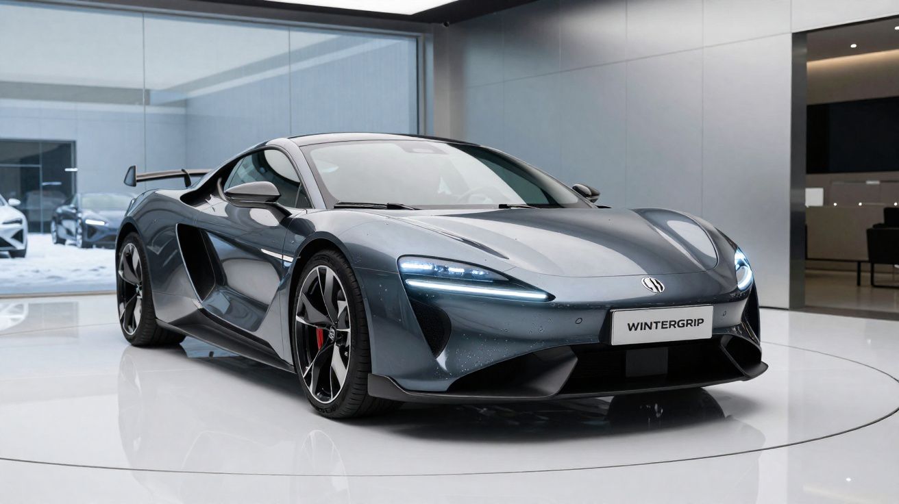 Grey McLaren sports car displayed indoors with sleek design and illuminated headlights