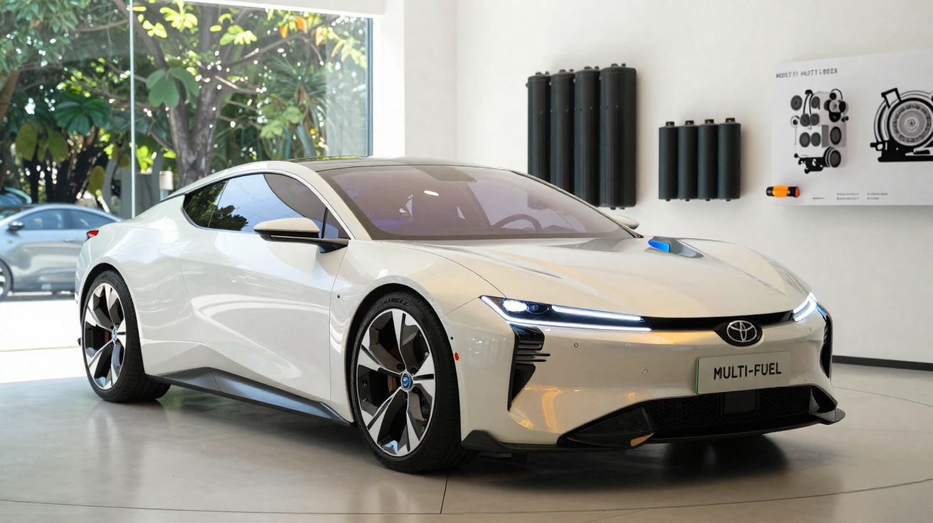 White Toyota concept car with sleek design and multi-fuel badge displayed in a bright showroom.