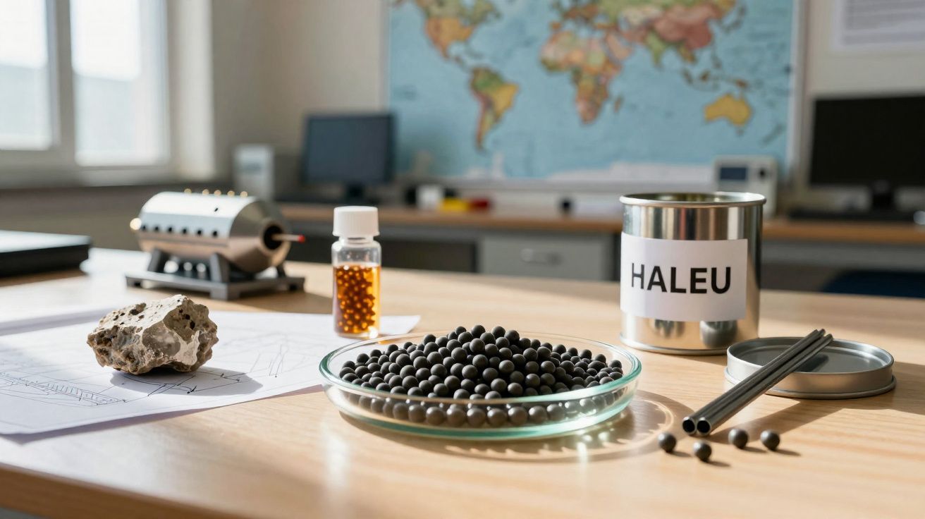 Laboratory table with glass dish of black pellets, rock sample, labelled container, and scientific equipment in background.