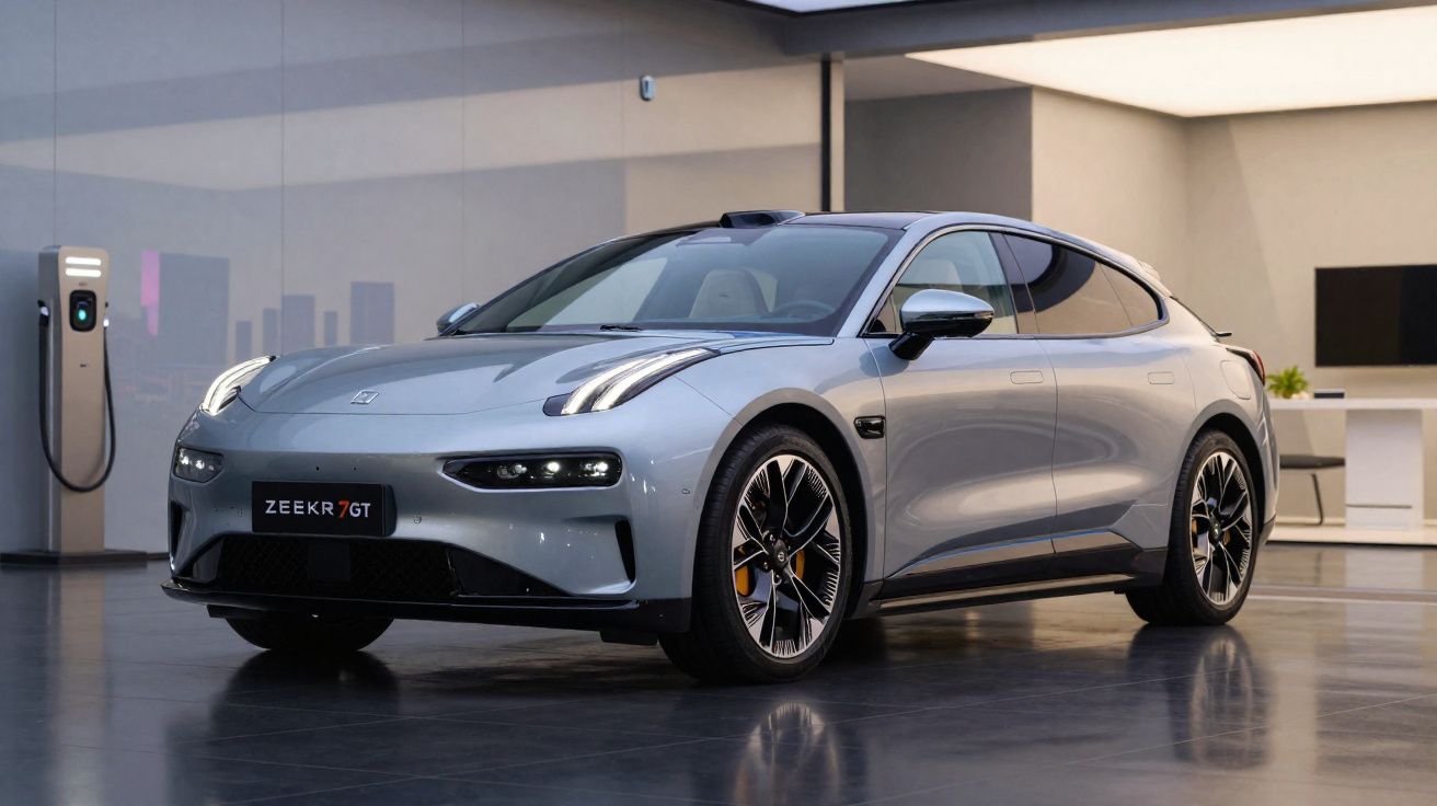 Silver Zeekr 7 GT electric car parked indoors near a charging station on a polished floor.