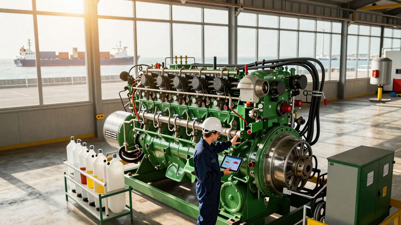 Engineer in hard hat operating large green industrial engine in a bright workshop by the harbour.