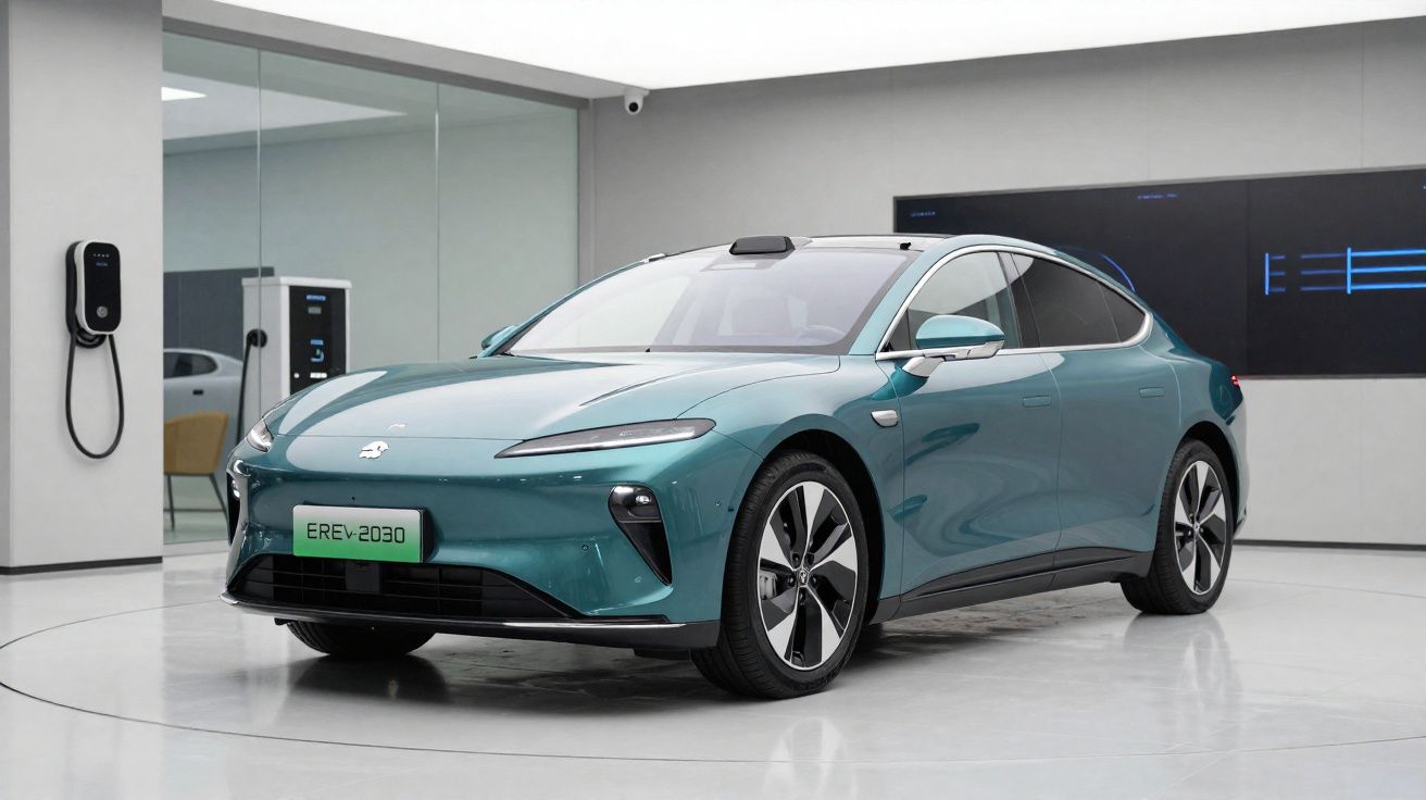 Modern teal electric car displayed in a sleek showroom with charging station on white walls.