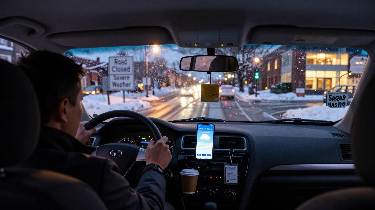 View from inside a car showing a driver navigating a snowy, wet road with a "Road Closed Severe Weather" sign ahead at dusk.