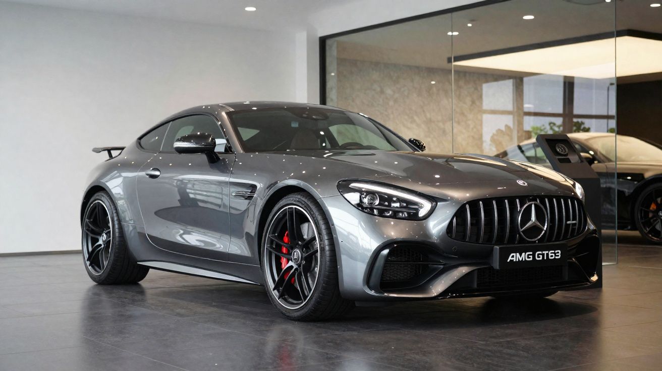 Grey Mercedes AMG GT63 sports car displayed indoors with black alloy wheels and red brake calipers.