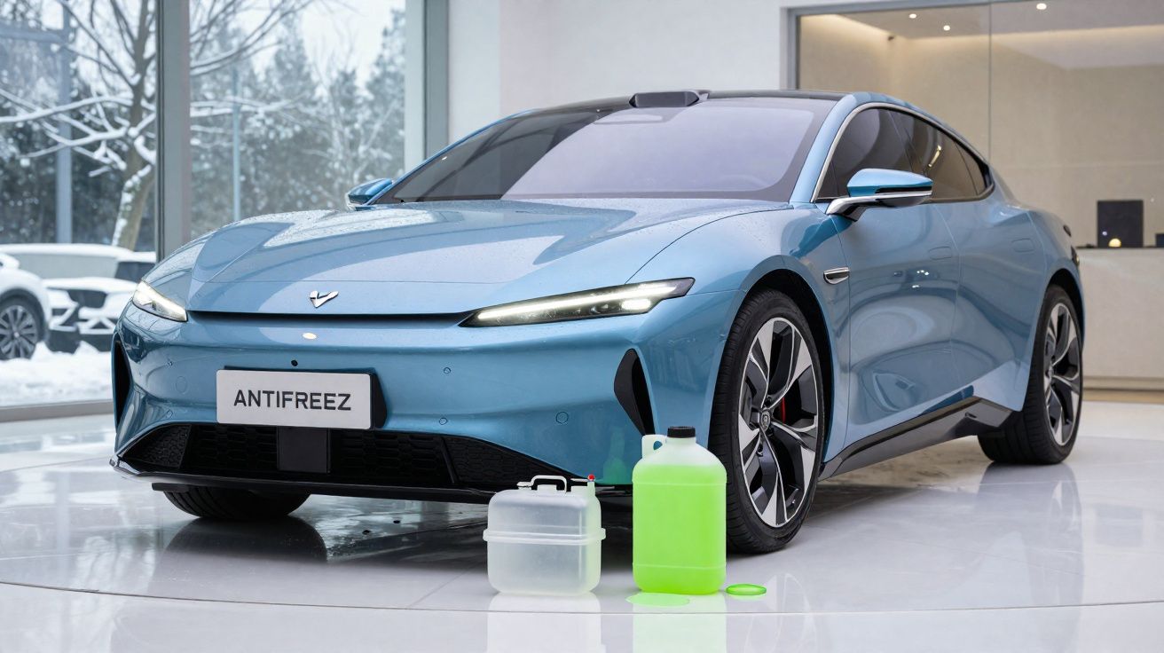Blue electric car displayed indoors with two antifreeze containers placed in front of it.