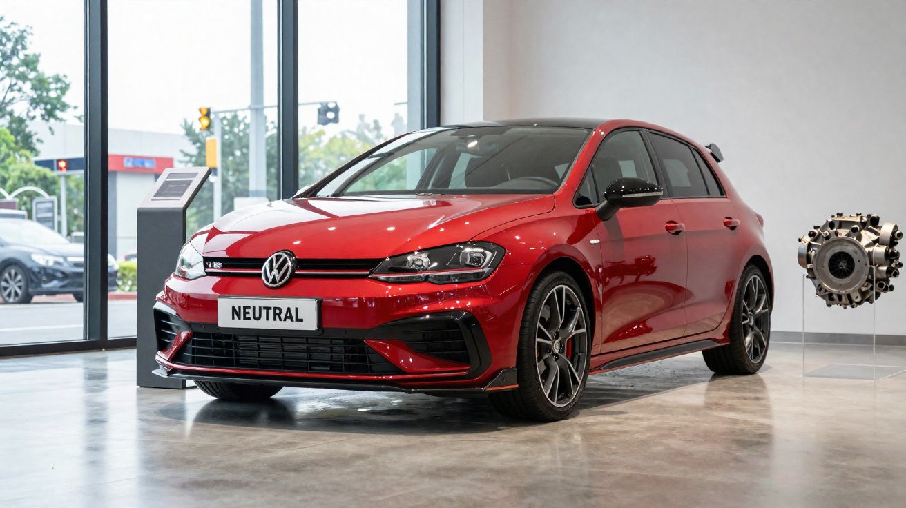 Red Volkswagen Golf GTI parked indoors near large windows with engine display beside it.