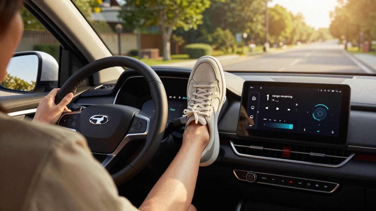 Person driving Hyundai car with their foot resting on the dashboard near the infotainment screen.