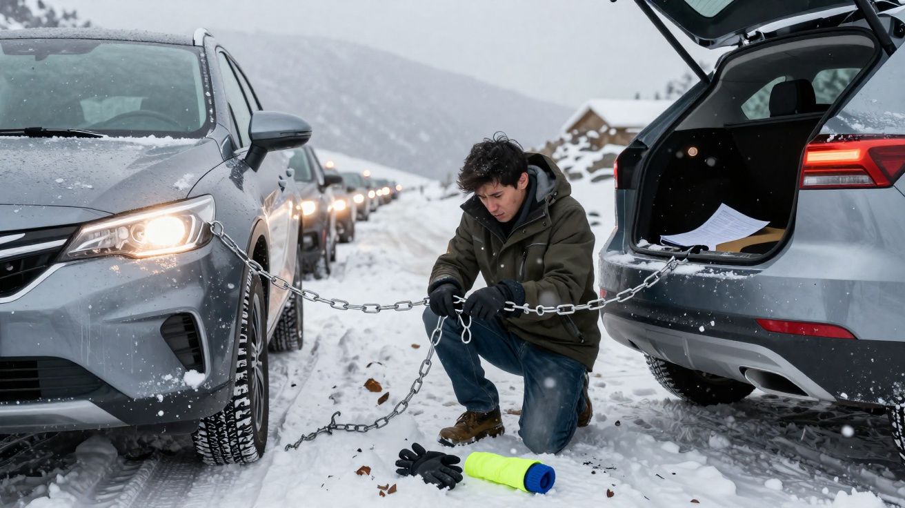 Man fitting a metal chain between two cars on a snowy mountain road with winter tyres and headlights on.