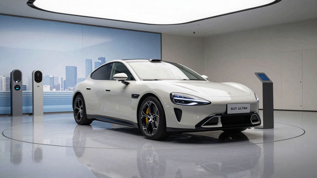 White electric sports sedan on a circular display platform in a modern showroom with charging stations.