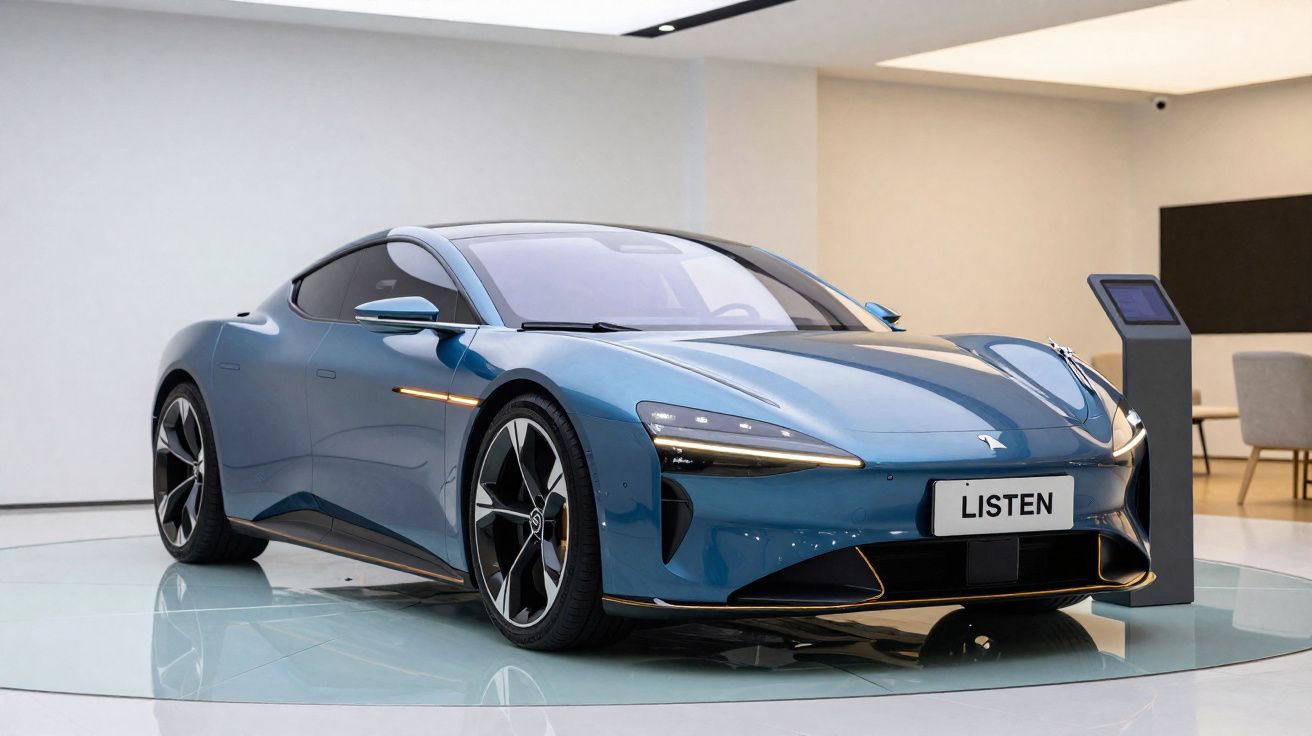Blue sleek modern electric sports car on display indoors with "LISTEN" licence plate