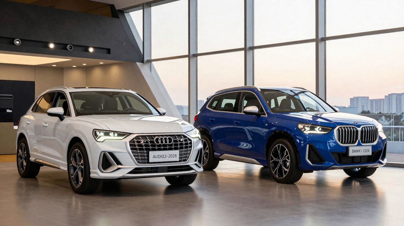White Audi Q3 and blue BMW X1 parked inside a modern showroom with large windows.