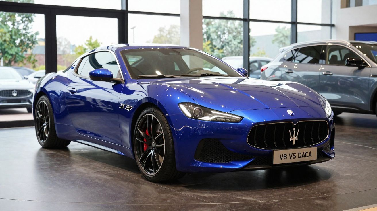 Blue Maserati sports car with V8 VS DACA plate displayed in showroom with large windows and other vehicles nearby.
