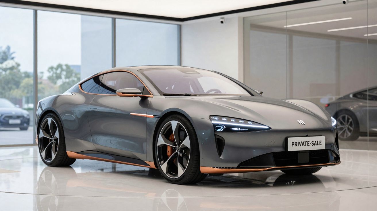 Sleek grey luxury sports car with modern LED headlights and black alloy wheels displayed in showroom.