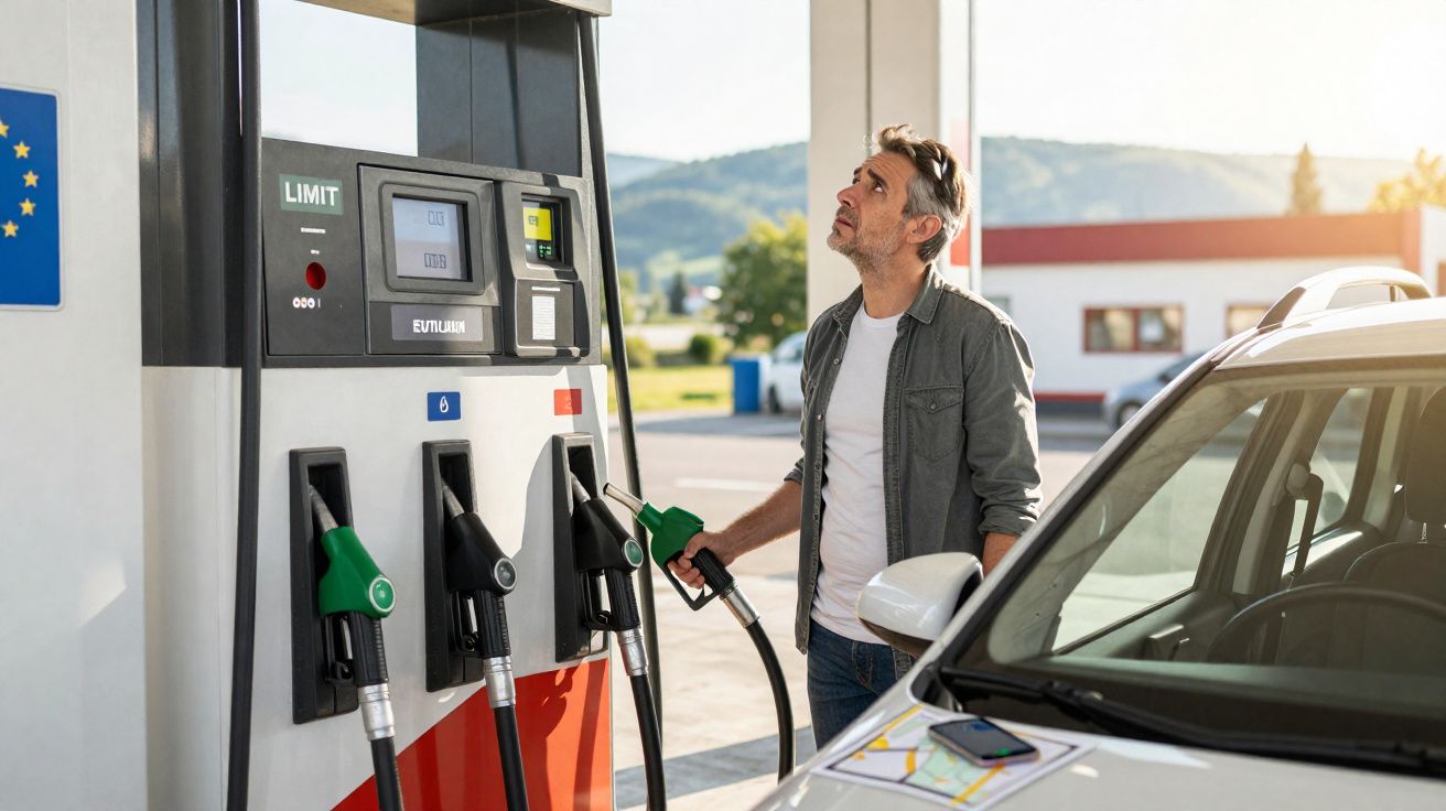 Man holding a fuel nozzle at a petrol station looking up, standing next to a white car on a sunny day.