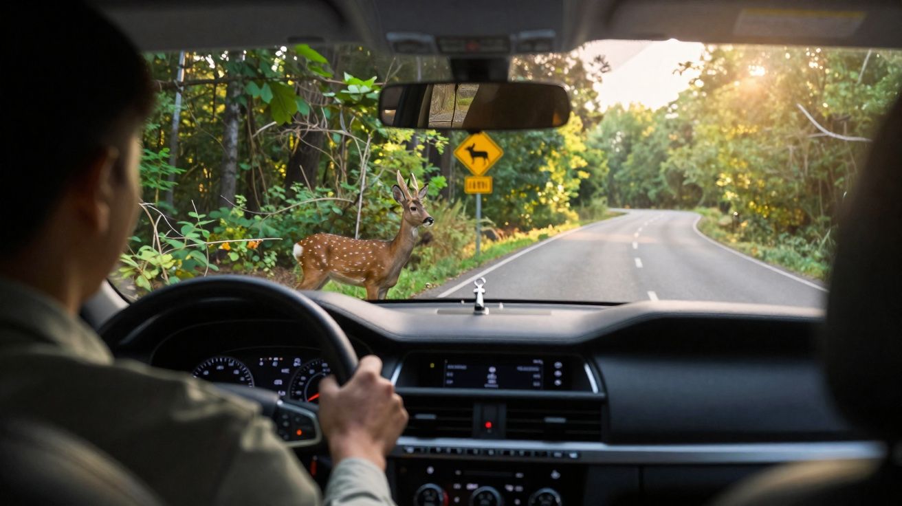 Driver inside a car waiting as a deer crosses a quiet forest road with a left turn warning sign ahead at sunset.