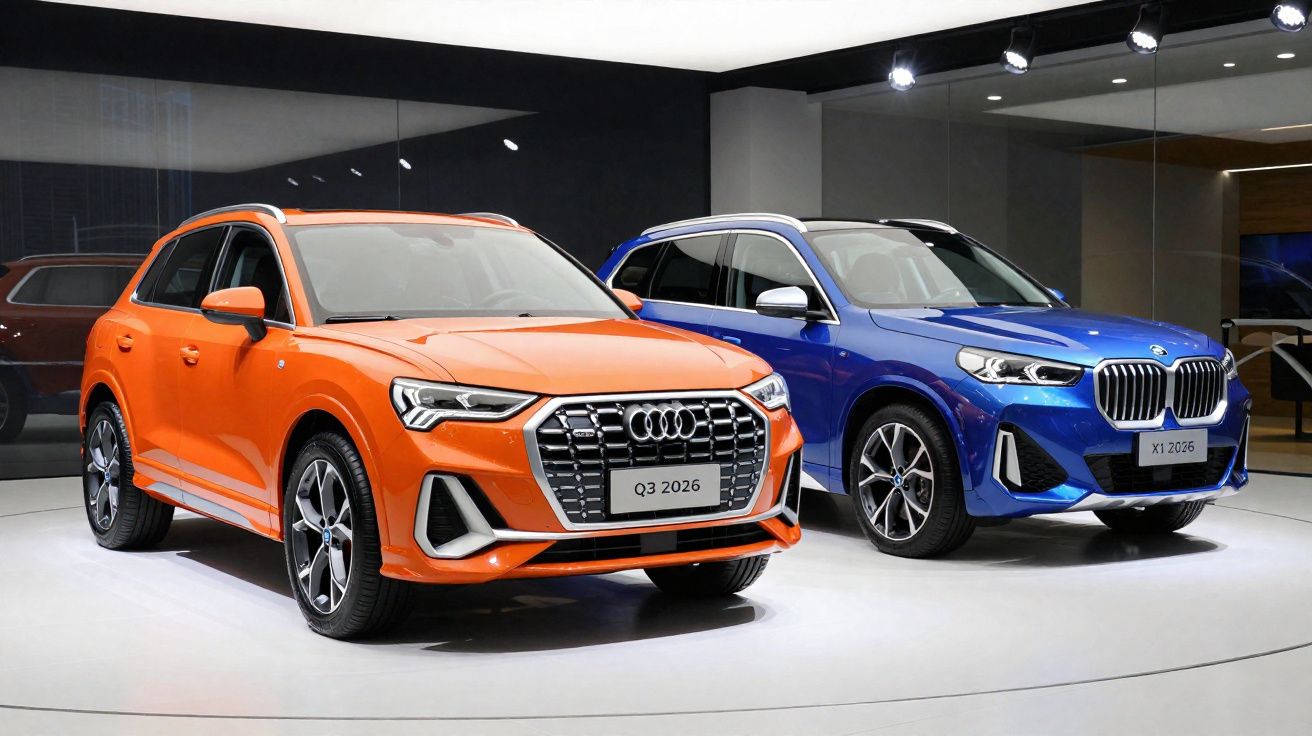 Orange Audi Q3 and blue BMW X1 displayed in a showroom with modern lighting and reflective floor.