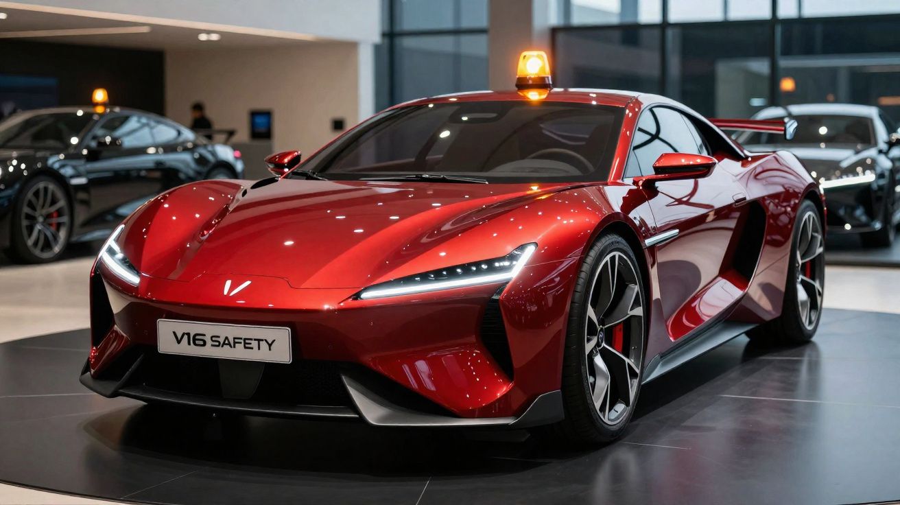 Glossy red V16 Safety sports car with amber beacon light displayed in a modern showroom.